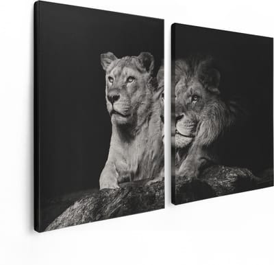 Artaza Canvas Schilderij Tweeluik Leeuw En Leeuwin - Zwart Wit - 120x80 - Foto Op Canvas - Canvas Print