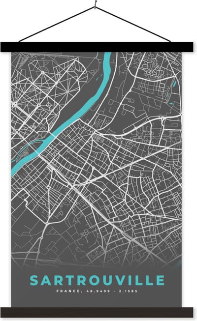 Posterhanger incl. Poster 40x60 cm - Schoolplaat - Sartrouville - Frankrijk - Plattegrond - Kaart - Stadskaart - Textielposter - Zwarte latten - Stadskaart