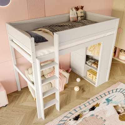DESMIU Hoogslaper 90x200 cm – Kinderbed Met Kast En Opbergvak – Open Ruimte Onder Bed – Voor Kinderkamer – Grenen En MDF – Zonder Matras – Wit