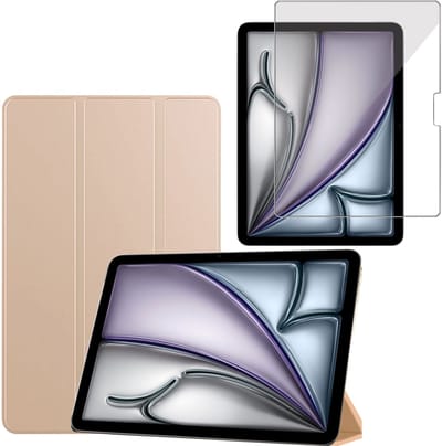 TechNow Hoesje + Screenprotector geschikt voor iPad Air 2024 / 2025 (11 inch) Hoesje – Glas - Extreme Shock Case – Smart Case - Goud