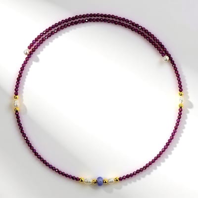 Cavill - Stalen Halsband met Blauwe Kwarts 0 941 ct - Gouden Hematiet 2 599 ct - Mozambique Granaten 22 027 ct - Elegante Damesketting 31 42 cm