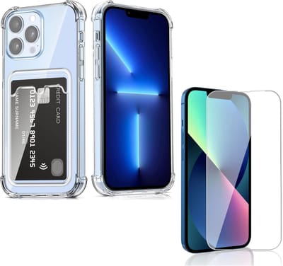 Schokbestendig TPU Hoes Kaarthouder + Screenprotector Geschikt voor: iPhone 13 - Transparant - Hoesje met Achterkant Pasjeshouder