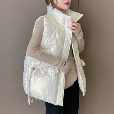 Herfst en Winter Verdikte Warme Mouwloze Jas Katoenen Vest Damesjas Glanzend Kort Donzen Katoenen Vest XXL gebroken witte kleur