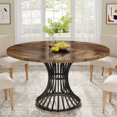 Tribesigns Ronde Eettafel - Keukentafel - 120 x 120 x 75 cm - Houten Eettafel Voor 4-6, Industriële Eettafel met Metalen Onderstel voor Keuken - Zwart en Bruin