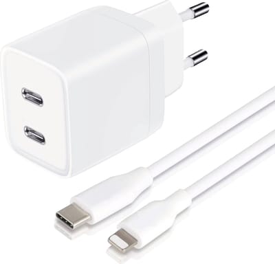 USB C Adapter - Snellader Geschikt voor iPhone en iPad - 1 Meter - Oplaadkabel - TPE Materiaal - GaN Oplader - Dubbele USB C Poorten - 45W Vermogen - Incl. Lightning Kabel - Stekkerblok - Wit