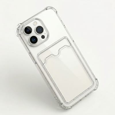 Transparant telefoon hoesje met kaarthouder geschikt voor iPhone 15 Pro – doorzichtig TPU backcover case dames en heren – schokbestendig ontwerp met foto vak en verstevigde hoeken