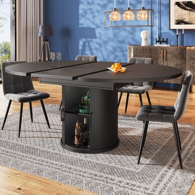 STILVORA Eettafel - Uitschuifbare Ronde Eettafel met Opbergruimte en 6 Verstelbare Voeten - Rond naar Ovaal 118-158x118x76,8 cm - MDF - Zwart