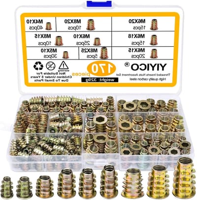 SnelShoppen - Thread insert houtschroef moer rampamuffe 170 stuks | Schroefmoeren assortiment voor houten meubels, verzinkt, 9 maten, opbergbox