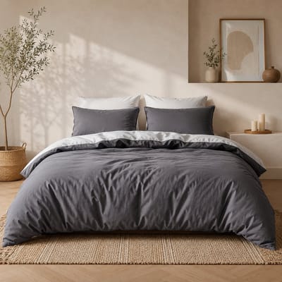 Nazik Living Dekbedovertrek 100% Katoen 200x220 cm Antraciet/Grijs - Tweekleurig Met Drukknopen en 2 Kussenslopen 60x70 cm