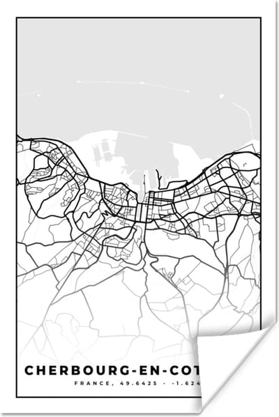 Poster Plattegrond - Cherbourg-en-Cotentin - Kaart - Frankrijk - Stadskaart - Zwart wit - 120x180 cm XXL