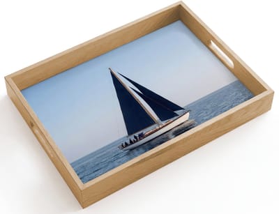 Dienblad hout 40x30 cm - Schootdienblad - Zeilboot - Zee - Blauw - Borrelplank rechthoek - Plateau dienbladen