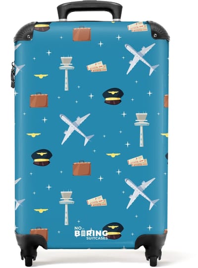 NoBoringSuitcases.com® - Kinderkoffer - Kindertrolley jongen en meisje - Luchtvaartthema met vliegtuigen op blauwe achtergrond - Handbagage koffer lichtgewicht - Reiskoffer trolley kinderen - Rolkoffer met wieltjes - Past binnen 55x40x20 en 55x35x25