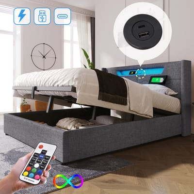 DESMIU Gestoffeerd Bed 140x200 cm – Tweepersoonsbed met Led en USB Type C – Opklapbare Opbergruimte – Voor Slaapkamer of Jeugdkamer – Linnen – Grijs – Zonder Matras