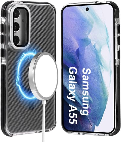 Magsafe Hoesje Geschikt voor Samsung A55 hoesje Zwart Heavy Duty Carbon Case met Versterkte Zijkanten, MagSafe en Camera Kickstand