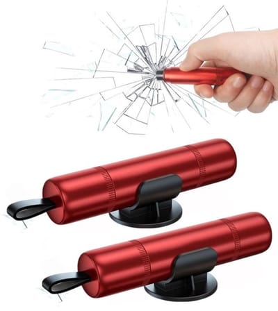 2 stuks - ruitenbreker - gordelsnijder - draagbare nooduitgang voor in de auto - 2-in-1 autoveiligheidshamer - Inclusief zelfklevende houder - geschikt voor reddingswerk op het land en onder water - rood - 92*18*32 mm
