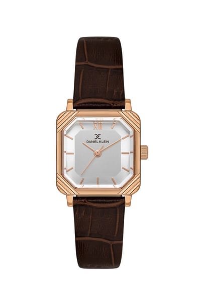 Daniel Klein DK.1.14154-5 - Horloge - Polshorloge - Analoog - Dames - Vrouwen - Leren band - Metaal - Agerond vierkant - Romeinse cijfers - Strepen - Bruin - Rosékleurig - Wit - Zwart