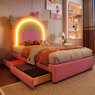 Wishdor Gestoffeerd Bed 90x200 cm - Eenhoornvorm - Met LED & 2 Lades - Magisch & Compleet - PU & MDF - Roze