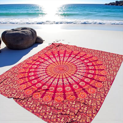 Lindian stle - XL strandlaken - Tweepersoons strandkleed - duurzaam katoen - extra groot strandkleed - Mandala stranddoek - Rood/Oranje/Geel