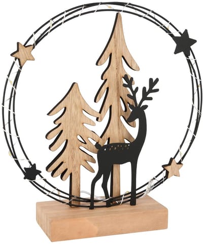 Dekoratief | Deco hert in boog, naturel/zwart, metaal/hout, LED, 21x6x23cm | A255468