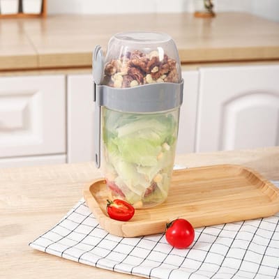 Draagbare Dubbellaagse Deksel met Lepel en Vork Havermout Granen Noten Yoghurt Saladebeker Uit Ontbijt Groente Fruit Vetreducerende Bekers 870ml&2