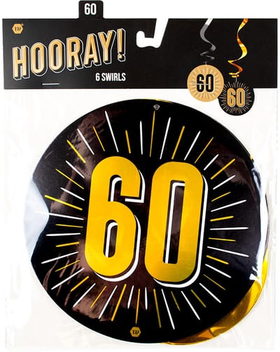 Verticale slinger | Hangdecoratie Swirls 60 jaar | luxe uitvoering 70x14cm | 6 stuks