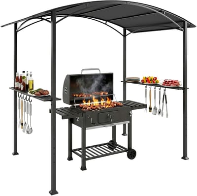 BBQ Prieel met Dak en Zijplanken – Barbecue Overkapping 245x152 cm – Weerbestendig Staal – Buitenkeuken Tuinhuisje met Haken – Donkergrijs