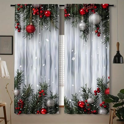 2 stuks Feestelijke Kerst & Groene Dennenprint Gordijnen, Tunnelontwerp voor Eenvoudig Ophangen, Perfect voor Woonkamer, Kantoor, Slaapkamer W60xH100(CM)x2pcs&Rod Pocket white