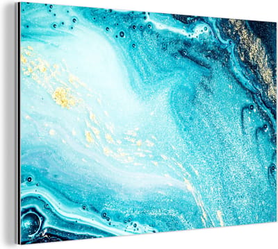 Wanddecoratie Metaal - Aluminium Schilderij Industrieel - Marmerlook - Blauw - Goud - Luxe - Glitter - Marmer - 180x120 cm - Dibond - Foto op aluminium - Industriële muurdecoratie - Voor de woonkamer/slaapkamer