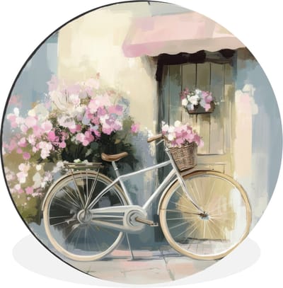 WallCircle - Wandcirkel - Muurcirkel - Fiets - Pastelkleuren - Bloemen - Aluminium - Dibond - 30x30 cm - Binnen en Buiten