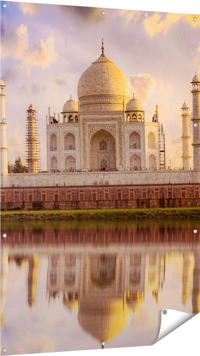 Gards Tuinposter Taj Mahal bij het Water in India - 100x150 cm - Tuindoek - Tuindecoratie - Wanddecoratie buiten - Tuinschilderij