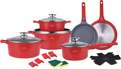 Swiss Haus® LG3019R Pannenset Inductie - 19 Delige Pannensets - PFAS Vrij - Set Met Koekenpannen, Kookpotten & Steelpan - Pannen met Afneembare Handgreep - Pan met Sapphire™ Antiaanbaklaag - Rood