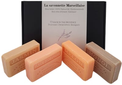 Zeep brievenbuscadeau: Monoi, Meloen, Sinaasappelbloesem, Jasmijn savon de marseille zepen - cadeau voor vrouw