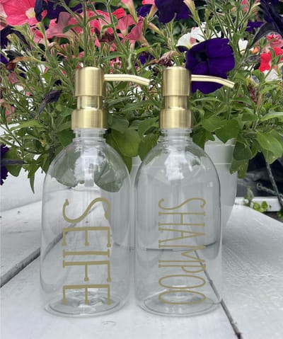 BBBLS® Design Dispenser Giftset "Zeep Shampoo" | Transparant Kunststof | 500ml | RVS / Metaal Pomp Goud | Zeeppomp | Zeepdispenser | Zeephouder