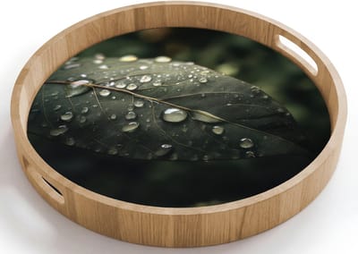 Dienblad rond 40x40 cm - Schootdienblad hout - Blad - Groen - Nerven - Regendruppels - Borrelplank rechthoek - Plateau houten dienbladen