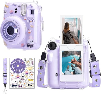 Transparante Beschermhoes voor Fuji Instax Mini 12 Instant Camera - Hard PVC Met Schouderband, Paars, Camera Accessoire voor Fotografie