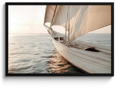 Poster in lijst - Fotolijst 90x60 cm - Posters - Zeilboot - Zee - Beige - Zon - Posterlijst zwart - Decoratie - Wanddecoratie woonkamer - Muurdecoratie slaapkamer