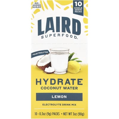 Laird Superfood, Eau de coco réhydratante, Mélange pour boisson électrolytique, Citron, 10 sachets, 0,3 oz (9 grammes) Chaque