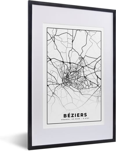 Fotolijst incl. Poster Zwart Wit- Kaart - Frankrijk - Béziers - Stadskaart - Plattegrond - Zwart wit - 40x60 cm - Posterlijst