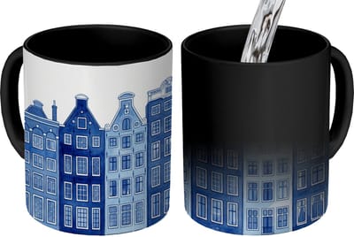 Magische Mok - Foto op Warmte Mokken - Koffiemok - Aquarel - Grachtenpanden - Delfts - Blauw - Magic Mok - Beker - 350 ML - Theemok