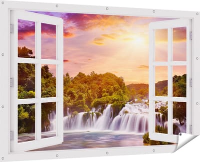 Gards Tuinposter Doorkijk Watervallen in het Bos - 180x120 cm - Tuindoek - Tuindecoratie - Wanddecoratie buiten - Tuinschilderij