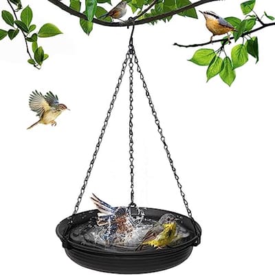 Vogelvoederbak - Vogelbad Voor Buiten met Hangend Vogelvoederstation 28 cm - Wilde Vogel Voederbak met Ketting en S-Haak - Tuindecoratie voor Tuin Balkon en Terras - zwart