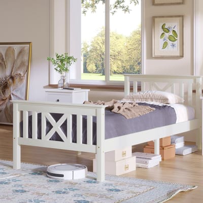 Sweiko Houten bed,Eenpersoonsbed,Houten bed met plat Noedelsframe, 90 x 200 cm met hoofdeinde, massief houten kinderbed jeugdbed, dennenhout,Puur Wit (geen matras)