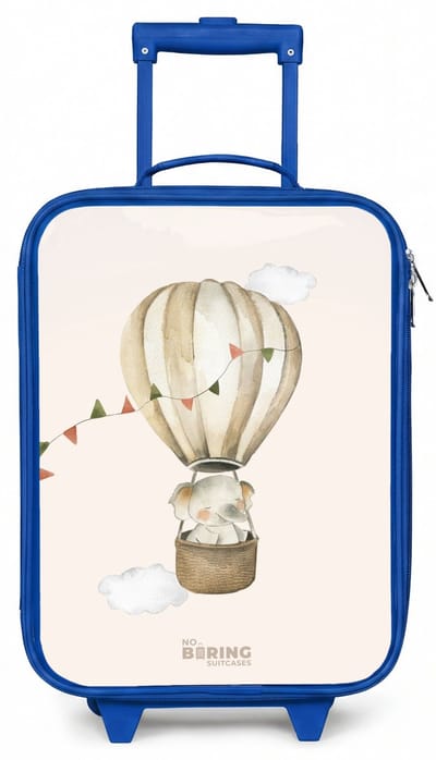 NoBoringSuitcases.com® - Kinderkoffer blauw - Kindertrolley jongen - Olifant in een luchtballon - Koffer kind lichtgewicht - Reiskoffer trolley voor kinderen - Koffertje met lichtgevende wieltjes - Rolkoffer