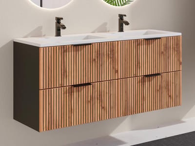 Vente-unique Hangmeubel voor badkamer met inbouwwastafel - Licht naturel en zwart - 120 cm - MADELA