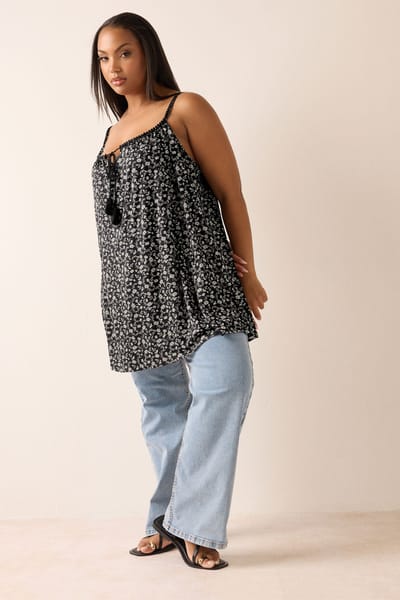 Yours Zwart Gebloemde Top Met Strik Size 44