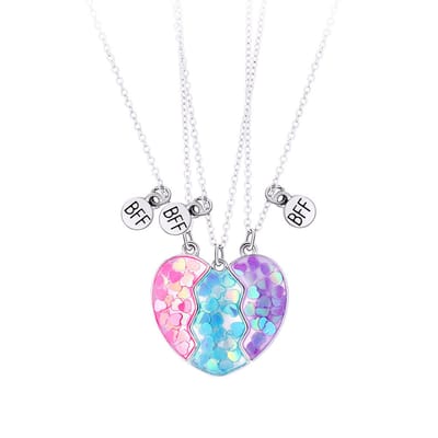 Bixorp Friends BFF Ketting voor 3 met Regenboog Glitters Hart - Zilverkleurig met Roze, Blauw & Paarse Hangers - Vriendschapsketting voor drie