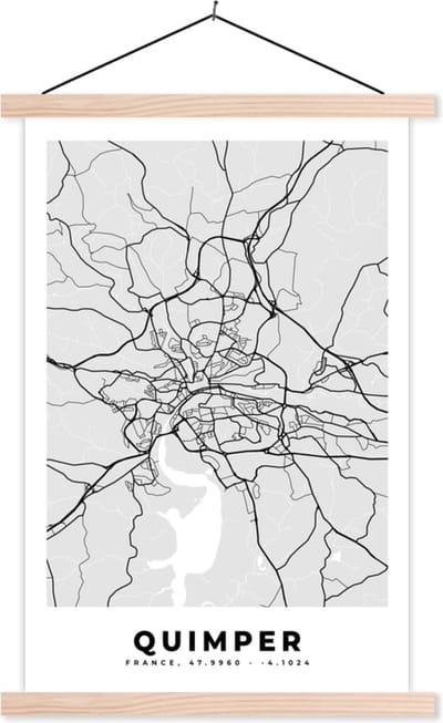 Posterhanger incl. Poster 40x60 cm - Schoolplaat - Kaart - Stadskaart - Frankrijk - Quimper - Plattegrond - Textielposter - Blanke latten - Stadskaart