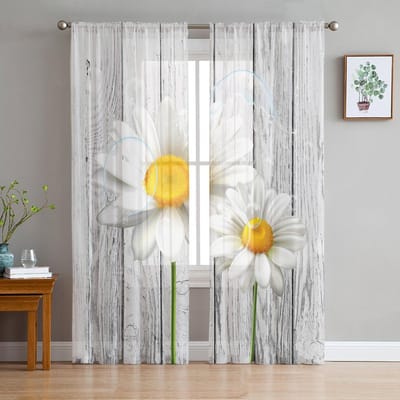 Daisy Waterdruppel Houtnerf Transparante Gordijnen voor Woonkamer Decoratie Raambekleding voor Keuken Tule Voile Organza Gordijnen W135 x H115cm x1 white