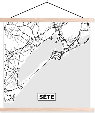 Posterhanger incl. Poster 40x40 cm - Schoolplaat - Plattegrond – Kaart – Sète - Frankrijk – Stadskaart - Zwart wit - Textielposter - Blanke latten - Stadskaart