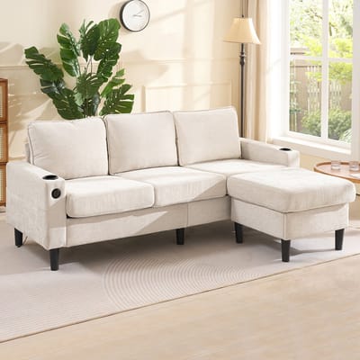 BLACKCOLORS Gestoffeerde bank en sofa met USB- en Type-C-poorten, 3-zitsbank met twee bekerhouders voor de woonkamer, het appartement, de lounge en de slaapkamer – L-vormige slaapbank, beige
